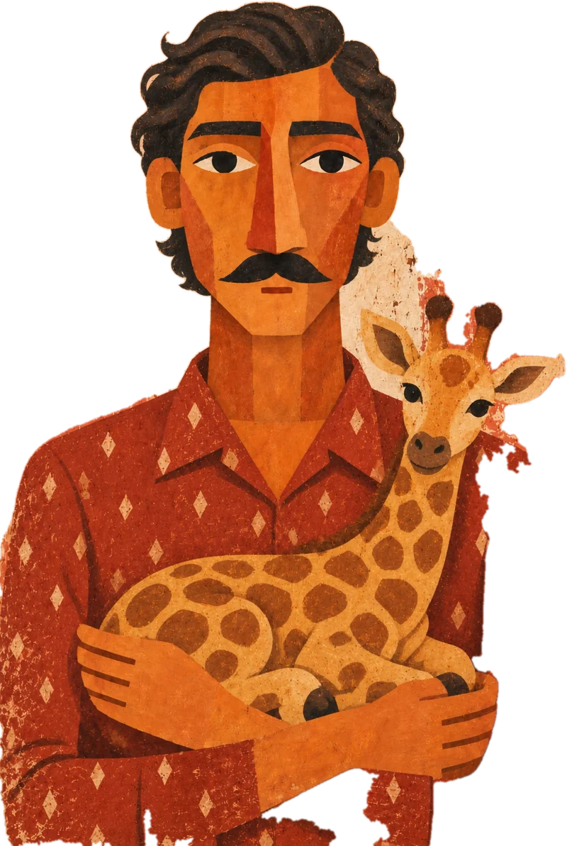 Mann mit Baby-Giraffe